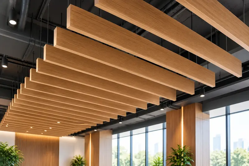 Wooden Acoustic Hanging Baffles for Noise Reduction & Echo Control 1 wooden acoustic hanging baffles, wooden acoustic baffles, wooden acoustic hanging baffles manufacturer, wooden acoustic hanging baffles manufacturer in India, wooden acoustic ceiling baffles, suspended wooden acoustic baffles, acoustic wooden baffles, wooden sound absorbing panels, wooden acoustic baffle ceiling, grooved acoustic baffles, perforated acoustic baffles, high NRC acoustic baffles, double sided acoustic baffles, natural wood acoustic baffles, fire retardant acoustic baffles, custom wooden acoustic baffles, reverberation control baffles, auditorium acoustic baffles, office acoustic baffles, studio acoustic baffles, podcast room acoustic baffles, recording studio acoustic baffles, home theatre acoustic baffles, conference room acoustic baffles