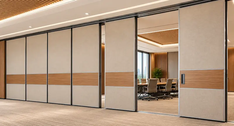 Acoustic sliding partition panels opening onto a meeting room
