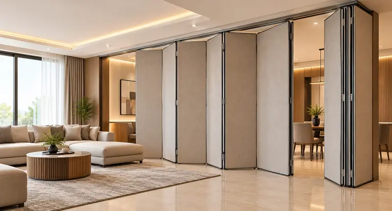 Sliding folding partition used as a living room divider